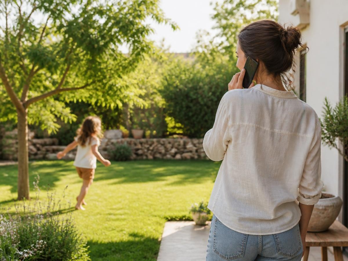 A mother on a follow-up phone call while her recovered child plays outside in the sunshine.