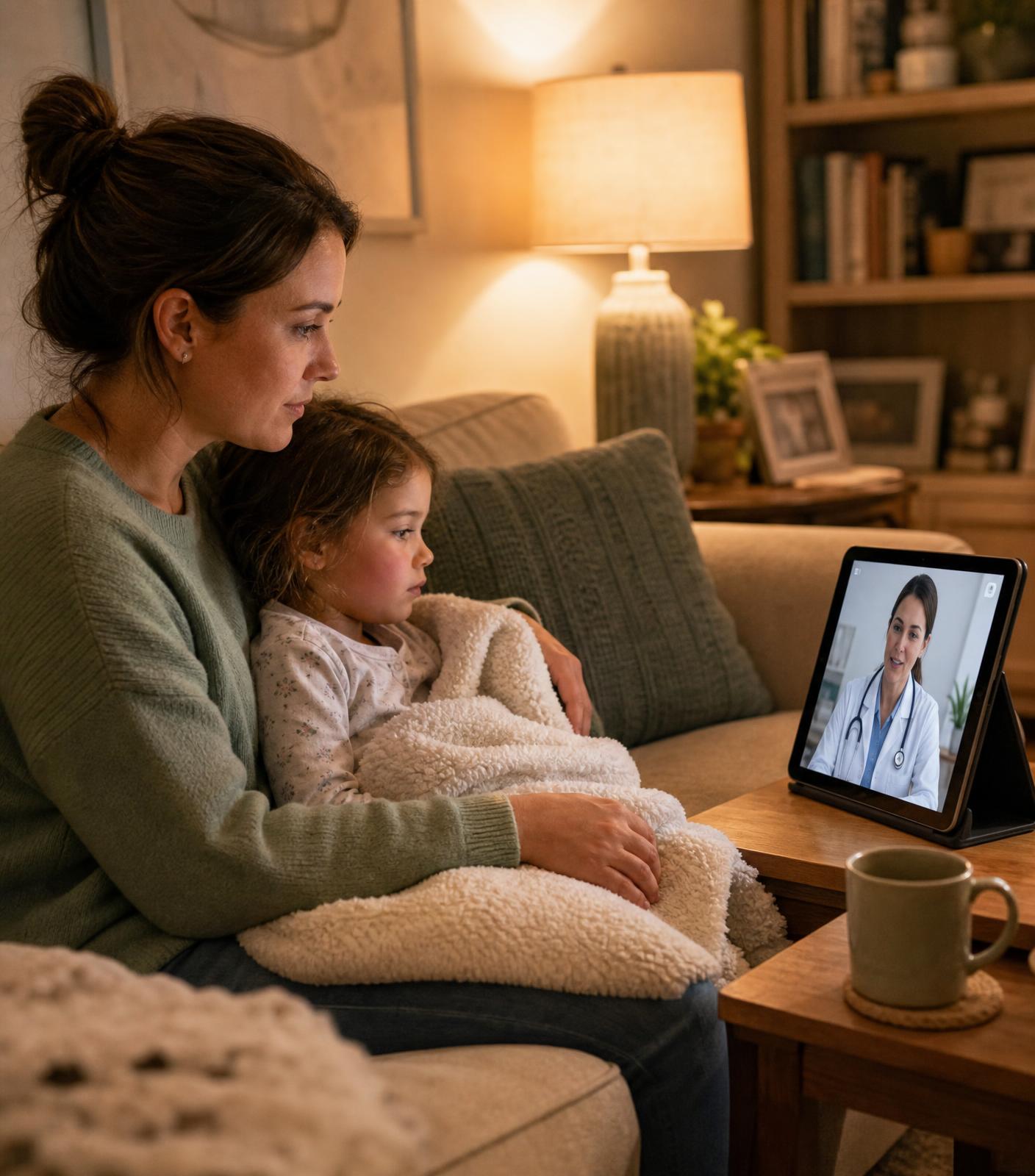 A mother and her sick child on the couch during an evening video visit with a doctor on a tablet
