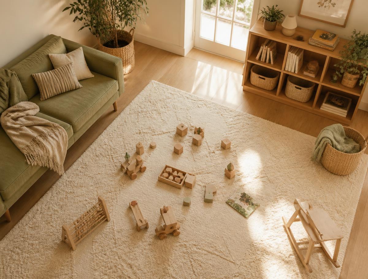 A sunlit living room floor with wooden toys scattered across a soft rug