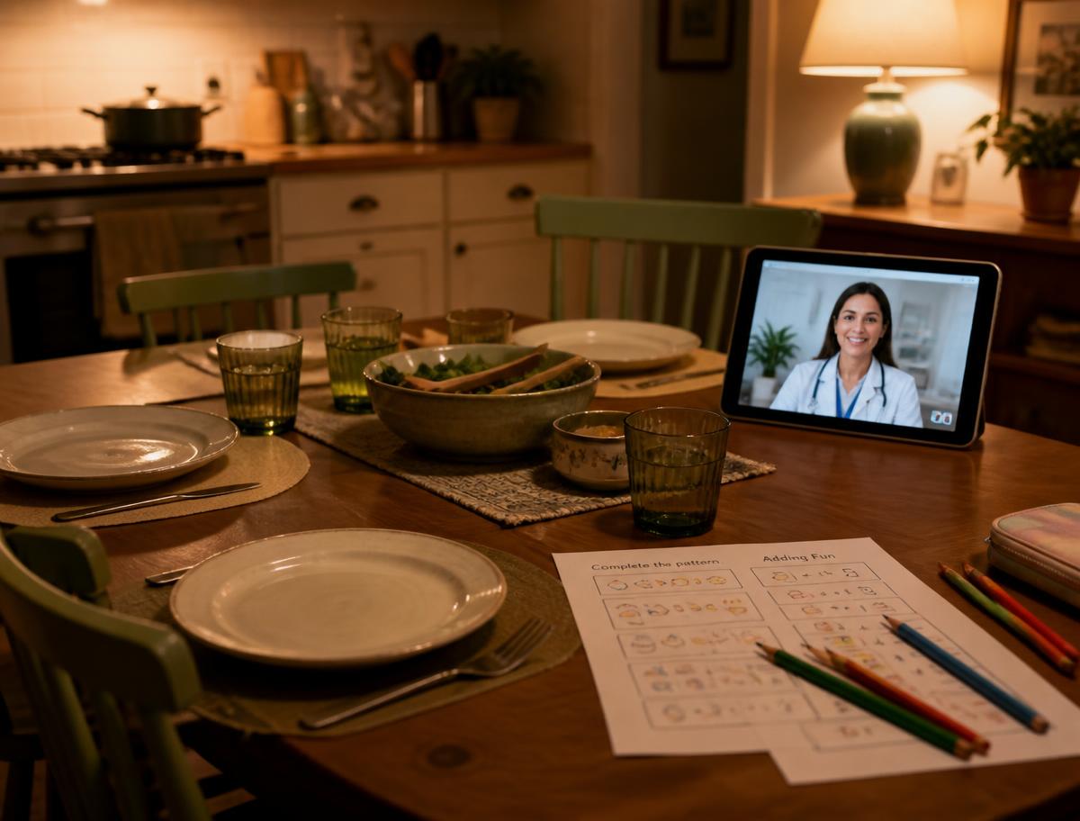 A family dinner table at home with a tablet propped up for an evening video visit.
