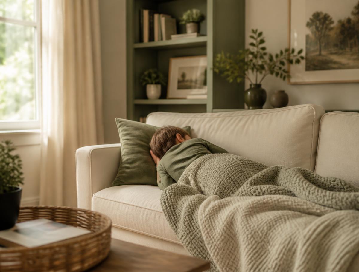 A child resting under a blanket on a living room sofa in soft afternoon light